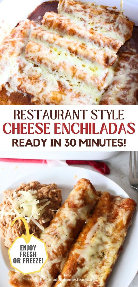 2 homemade cheese enchiladas on a white plate with a side of refried beans, the tray of cheese enchiladas in the background with a text overlay that says restaurant style cheese enchiladas ready in 30 minutes enjoy fresh or frozen Cheese Enchilada Recipe Corn Tortillas, Enchiladas Restaurant Style, Cheese Enchilada Recipe, Authentic Carne Asada Recipe, Authentic Enchilada Sauce, Easy Cheese Enchiladas, Red Chicken Enchiladas, Homemade Red Enchilada Sauce, Corn Tortilla Recipes