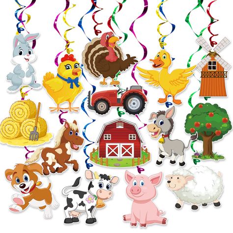 PRICES MAY VARY. FRAM ANIMAL HANGING DECOR KITS -- Package Including 30 cute cutouts of cow, sheep, chicken, pig and other farm animals, 30 foil hanging swirls. Totally 30 pack. FARM ANIMAL DECOR -- Those hanging banner decorations are designed with cute farm animals elements. You can decorate them on the ceiling, window, overhangs, archway, doorway and so on. FRAM ANIMALS PARTY SUPPLIES -- If you are planning to hold a farm animal party, the bright color foil Swirls Decorations and the butterfl Kids Birthday Party Cake, Butterfly Party Decorations, Farm Animals Decor, Farm Animal Party, Banner Decor, Farm Animal Birthday, Farm Party, Animal Farm