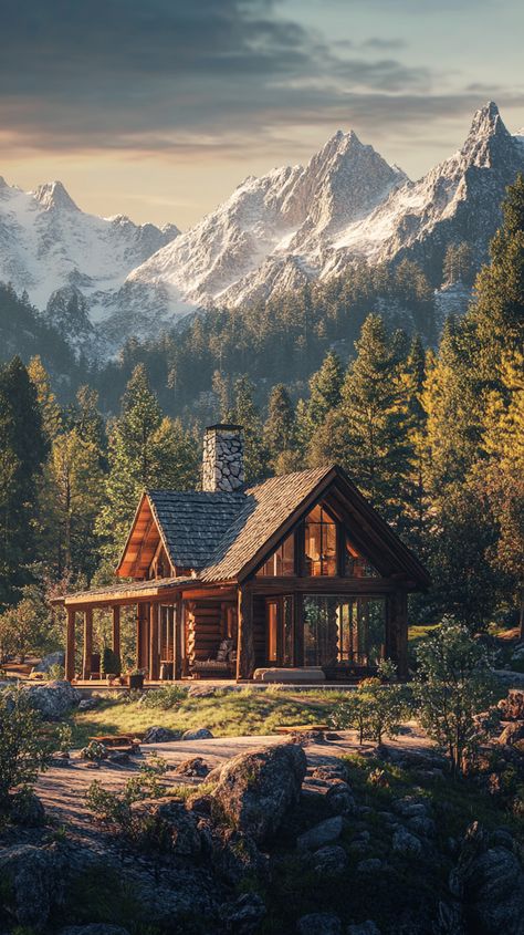 A warm cabin in the woods with a backdrop of majestic mountains Mountain Log Cabin, Woodsy Cabin, Cozy Cabin In The Woods, Montana Cabin, Cabin Rustic, Log Cabin Rustic, Cabin In The Mountains, Majestic Mountains, Cabin In The Woods