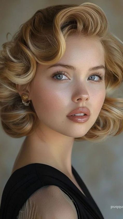 Pin Up Curls, Blonde Hair And Blue Eyes, Elegant Headband, Pin Up Hair, Mob Wife, Classic Hairstyles, Hairstyles For Short Hair, Retro Hairstyles, Wand Curls