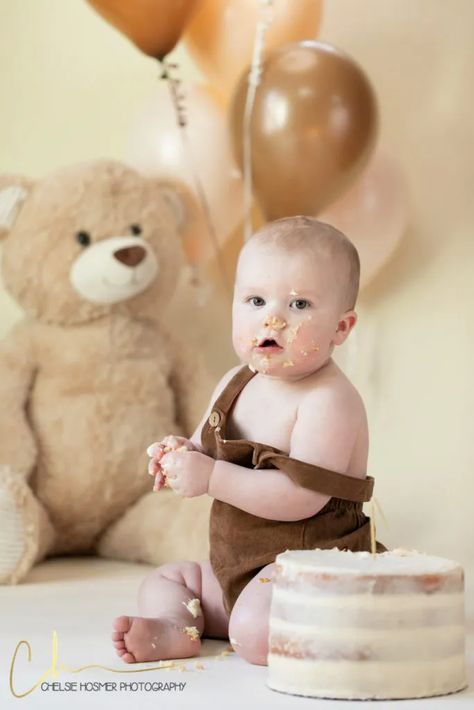 Teddy Bear One Year Old Photoshoot, First Birthday Bear Theme, Teddy Bear Cake Smash, Birthday Cake Teddy Bear, Birthday Bear Theme, 6 Month Birthday Cake, Bear Photoshoot, Teddy Bear Birthday Theme, Cake Teddy Bear