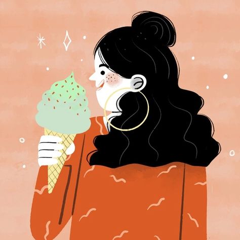 Eat Ice Cream Illustration, Eating Ice Cream Drawing, Eating Ice Cream Illustration, Cream Illustration, People Illustrations, Ice Cream Illustration, Woman Eating, Packaging Illustration, Cream Packaging