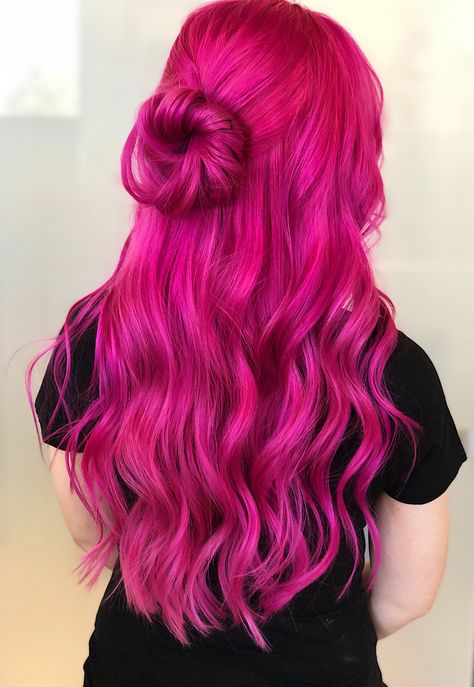 Gorgeous Hot Pink Hair Hot Pink Hair With Money Piece, Pink Hair Vibrant, Fuchsia Pink Hair, Pink Color Melt Hair, Pink Hair Neon, Fushia Hair Color Magenta, Electric Pink Hair, Hot Pink Dyed Hair, Vivid Pink Hair