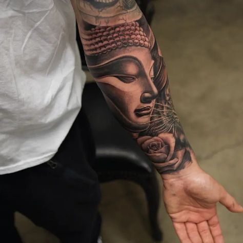 Black & Grey Realism Buddha Half Sleeve Tattoo Idea & Design on Lower Arm Buddha Half Sleeve Tattoo Done By Black And Grey Half Sleeve Tattoo, Buddha Half Sleeve Tattoo, Idea Design, Realism Tattoo, Rib Tattoo, Half Sleeve Tattoo, Sleeve Tattoo, Tattoo Idea, Black And Grey Tattoos