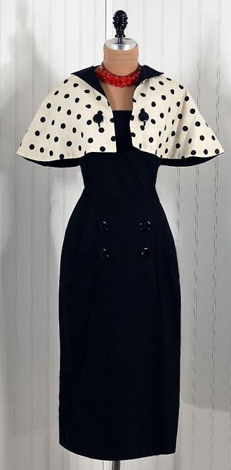 1950s vintage Pauline Trigere wiggle dress with black and white polka-dot capelet.- Must re-create this!! Pauline Trigere, Marigold Dress, 1950's Dress, 1950 Fashion, Look Retro, Fashion 1950s, Retro Mode, Vestidos Vintage, 50s Dresses