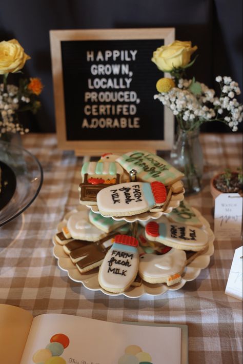 Boy Farm Baby Shower Ideas, Farm Fresh Baby Shower Theme, Local Grown Baby Shower Theme, Little Chick Baby Shower Theme, Barn Themed Baby Shower Ideas, Chick Themed Baby Shower Ideas, Farmer Baby Shower Ideas, Locally Grown Baby Shower Theme Food, Farmers Market Baby Shower Theme Decor