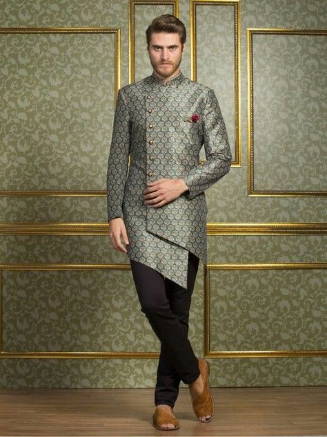 cross pattern grey brocade sherwani.To order this whatsapp us on  91-9511613559. Mens Party Wear, Mens Indian Wear, Wedding Kurta For Men, Mens Wear Wedding, Groom Dress Men, Indian Groom Wear, Wedding Dresses Men Indian, Sherwani Groom, Mens Sherwani