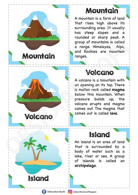 Different Landforms, Flash Cards For Kids, English Flashcards, Montessori Geography, Geography Quiz, Geography For Kids, Geography Activities, 4th Grade Social Studies, English Teaching Materials