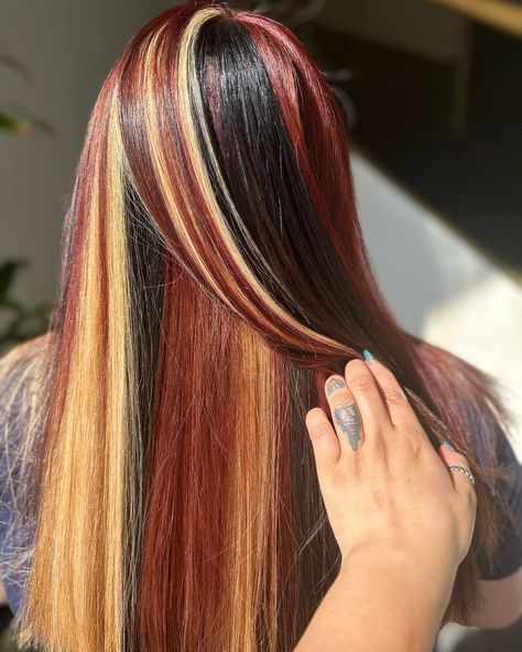 calico chronicles continued 😍 how are we feeling about this hair trend… I’m in love 🧡🧡🧡 . . . . . #dallamakeup #dallashair #calicohair #pravanagloss #pravanachromasilk Straight Calico Hair, Calico Hair Straight, Calico Hair Black Women, Red Calico Hair, Blonde Calico Hair, Curly Calico Hair, Calico Hair Color Hairstyles, Calico Hair Color, Neapolitan Hair