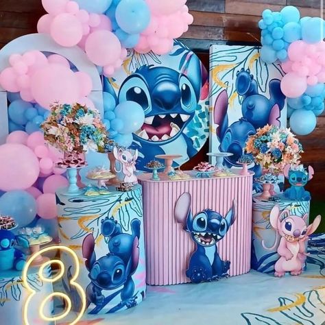 Stitch And Angel Decorations, Cumple De Stitch Ideas, Stitch And Angel Birthday Party, Stitch Themed Birthday Party, Lilo And Stitch Cake, Lilo And Stitch Merchandise, Stitch Cake, Stitch Birthday, Gender Reveal Party Theme