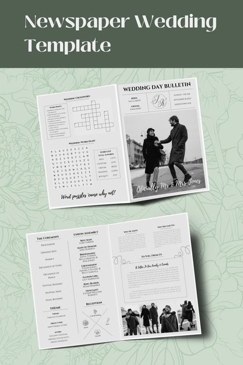 A newspaper wedding template that I sell on Etsy & is currently 30% off. This is a (A3 size) 4-page invitation template that will allow you to create a folded newspaper invitation. The front page will show an image of the bride and groom, as well as some important wedding details. Left inner page shows the people involved in the wedding, ceremony flow, and the reception details. The right inner page contains a letter from the bride & groom. Back page has the word hunt & crossword for the guests. Wedding Newsletter Ideas, Wedding Newsletter, Newspaper Aesthetic Wedding, Newspaper Style Invitation, Wedding Invites Newspaper, Wedding Announcement Newspaper, Newspaper Wedding Invitations, Wedding Newspaper Save The Date, Newspaper Style Wedding Program