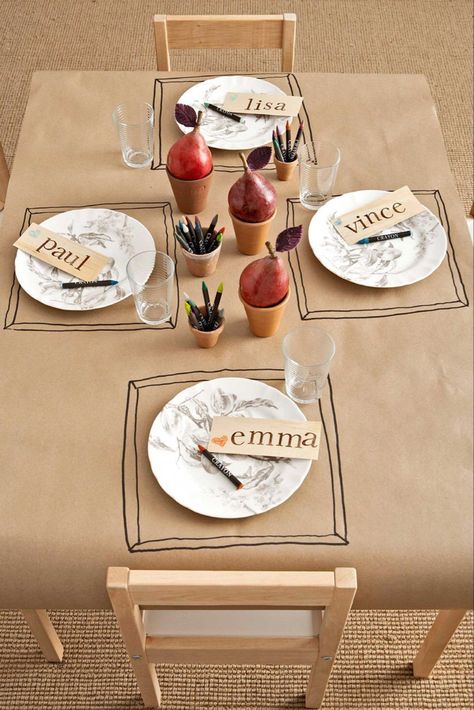 image Beautiful Thanksgiving Table Settings, Easy Thanksgiving Decorations, Thanksgiving Table Settings Diy, Thanksgiving Table Settings Simple, Paper Tablecloth, Paper Table Runner, Thanksgiving Place Cards, Thanksgiving Decorations Diy, Paper Table