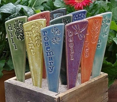 ceramic herb garden markers Vegetable Garden Stakes, Vegetable Garden Markers, Vegetable Planting Guide, Budget Landscaping, Backyard Layout, Asparagus Beans, Ceramic Garden, Garden Pottery, Garden Markers