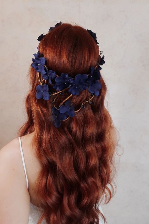 Navy Blue Flower Crown Floral Hair Wreath Bridal Vine Crown | Etsy Blue Flower Headpiece, Blue Flowers In Hair, Elven Dresses, Lucy Aesthetic, Vine Crown, Hair Circlet, Floral Hair Wreath, Blue Flower Crown, Floral Hair Pieces