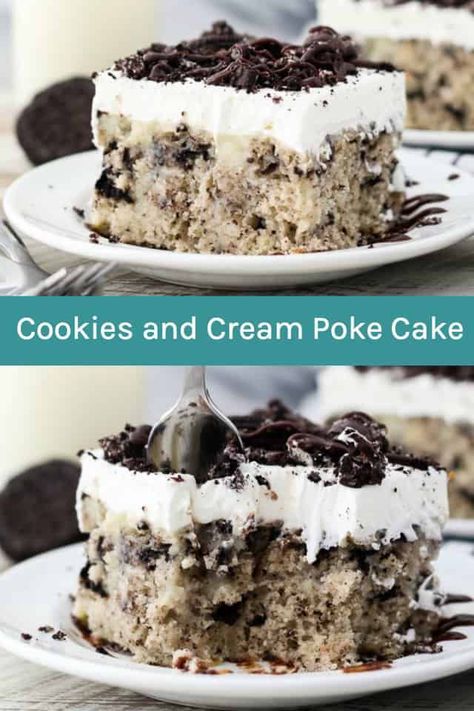 This Cookies and Cream Pudding Poke Cake is a moist vanilla Cake loaded with Oreo cookies, a white chocolate pudding and topped with homemade whipped cream. It wouldn't be a cookies and cream poke cake without a little more Oreos and hot fudge sauce to finish it off. #cookiesandcream #cookiesandcreamcake #pokecake #oreocake #oreocakerecipe #pokecakerecipe #pokecakeeasy #pokecakerecipepuddings #oreodessert Vanilla Cake Ideas, Pudding Poke Cake Recipes, Cookies And Cream Poke Cake, Cookies And Cream Pudding, Oreo Poke Cake, Cream Poke Cake, White Chocolate Pudding, Pudding Vanilla, Biscuits Cake