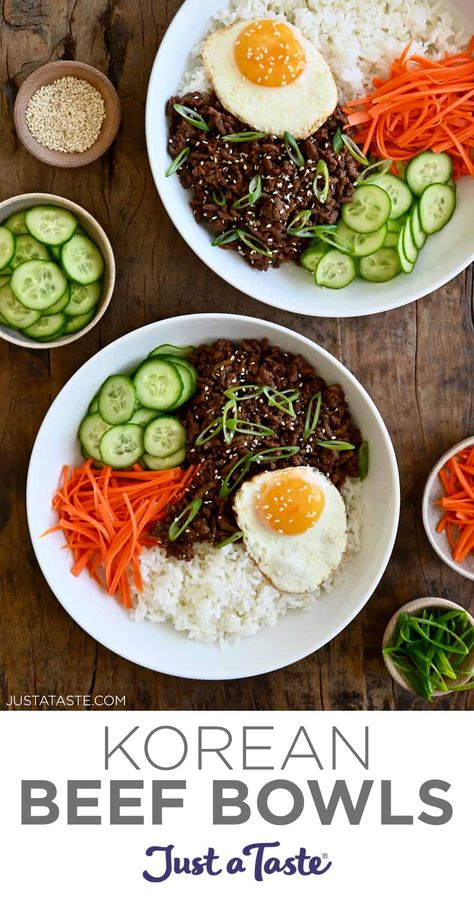 Korean Beef Bowls (Bibimbap) star ground beef in a gochujang sauce, fresh veggies, white rice and a fried egg. Best of all, this easy dinner recipe can be customized with your favorite veggies and protein! #justatasterecipes Healthy Korean Beef, Beef Bowl Recipe, Korean Beef Bowl, Beef Bowl, Bulgogi Recipe, Healthy Ground Beef, Just A Taste, Beef Bowls, Bulgogi Beef