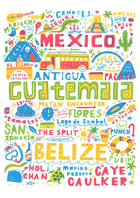 Central America by Steph Marshall Map Of Belize, Vision Board Materials, Central America Map, Maps Aesthetic, Agenda Stickers, Latina Aesthetic, Caye Caulker, Hand Drawn Map, Tikal