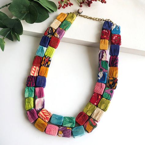 Handmade Fair Trade Necklaces • WorldFinds Arte Hippy, Bold Statement Necklaces, Handmade Fair, Fiber Jewelry, Fabric Necklace, Paper Jewelry, Textile Jewelry, Square Bead, Fabric Beads