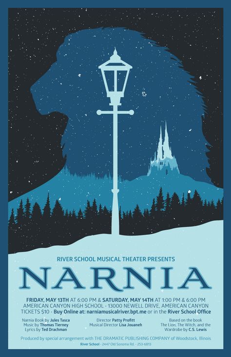 Poster for Narnia - the musical - performed at River School in Napa, Ca Narnia Poster Vintage, Narnia Book Cover Design, Narnia Silhouette, Simple Movie Posters, Narnia Book Cover, Narnia Poster, Narnia Art, Woodstock Illinois, Narnia Movies