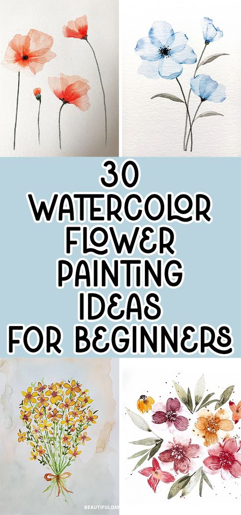 How To Paint Watercolor Poppies, Watercolor For Beginners Tutorials, Watercolor Flower Ideas, Flower Painting For Beginners, Pretty Flower Drawing, Flower Painting Ideas, Poppy Flower Drawing, Simple Watercolor Flowers, Watercolor Flower Painting