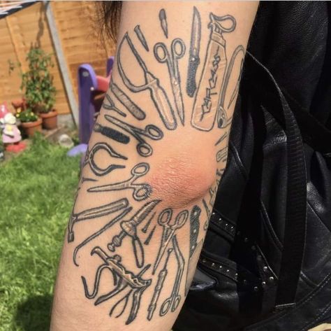 Disturbing Tattoo Ideas, Nu Metal Tattoo, Anarchist Tattoo, Elbow Tattoo Ideas, Steel Tattoo, Tool Tattoo, Elbow Tattoo, Funky Tattoos, Sick Tattoo