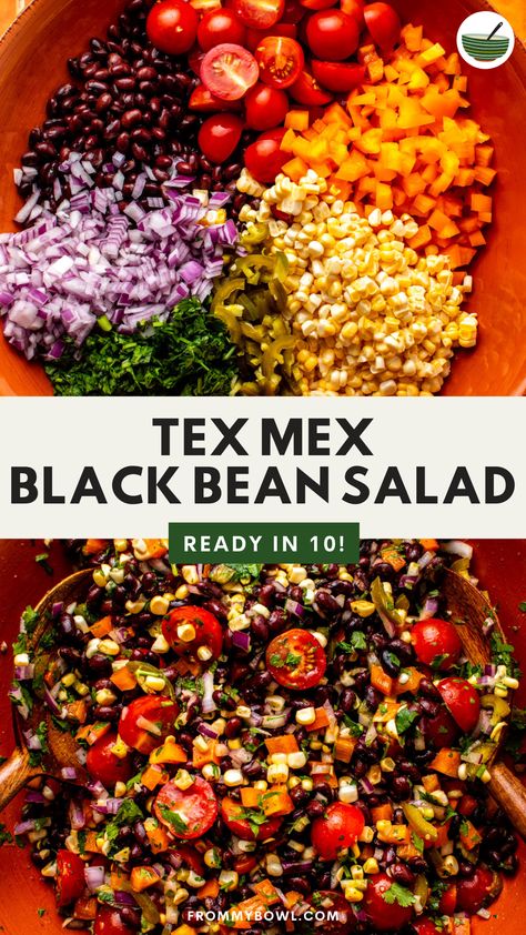 This Tex Mex Black Bean Salad tosses colorful veggies and hearty black beans in a tangy lime dressing for a wholesome, exciting side dish, lunch, or party dip. Vegan and Gluten-Free, Oil-Free Option. Mex Salad, Tex Mex Salad, Vegan Bean Salad, Easy Vegan Dinners, Suddenly Salad, Dip Vegan, Yummy Vegan Recipes, Colorful Veggies, Black Bean Salad