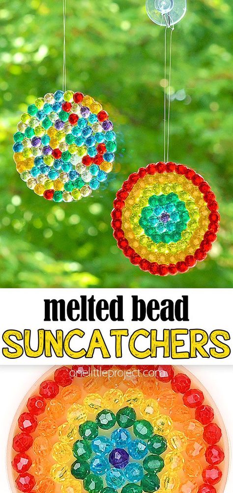 These melted bead suncatchers are SO PRETTY! Melt plastic beads in the toaster oven to create a beautiful DIY suncatcher! These bead suncatchers look super pretty shining in the sunlight and they're SO EASY to make! Such a fun craft for both kids and adults! Melted Bead Suncatcher, Plastic Beads Melted, Bead Suncatchers, Melted Bead Crafts, Tissue Paper Painting, Suncatcher Diy, Diy Suncatchers, Sheep Crafts, Suncatcher Craft