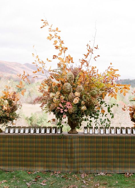 rebekah-christopher-wedding-tennessee-escort-card-table-103116875 Fall Foliage Centerpiece, Fall Foliage Arrangements, Fall Hydrangea Wedding, Quickfire Hydrangea, Fall Foliage Bouquet, Fall Branches, Autumn Elopement, Fall Floral Centerpieces, Wedding Ideas On A Budget