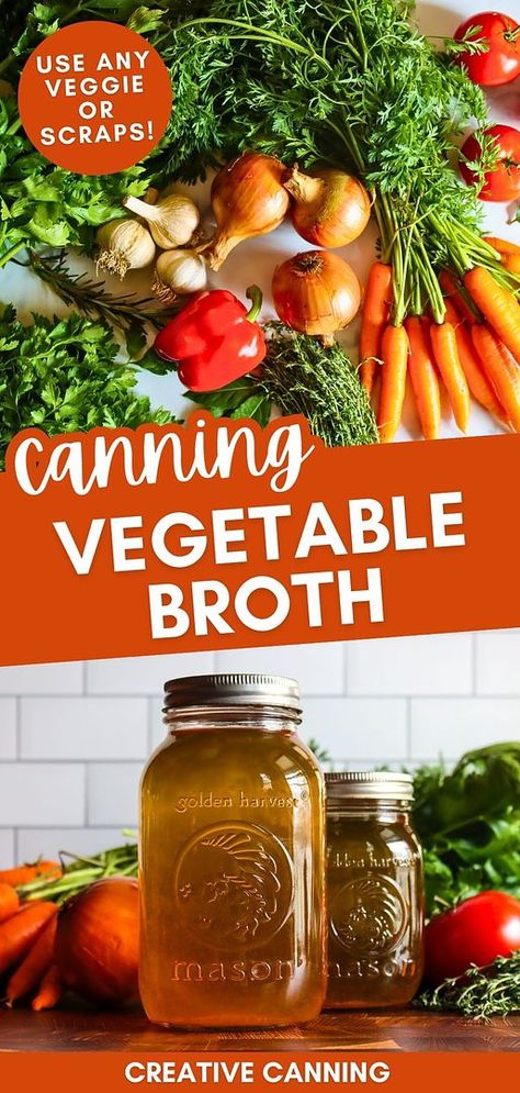 Learn canning vegetable broth to create a rich, homemade base for your meals. This flavorful broth, made from fresh vegetables or leftover scraps, is perfect for soups, stews, or as a warm, nutritious drink. Stock your pantry with this healthy alternative to store-bought options. Find more vegetable recipes, canning vegetables, preserving vegetables, and Canning Broth Recipes at creativecanning.com. Canning Stock, Canning Homemade Vegetable Broth, Canning Vegetable Stock, Vegetable Broth From Scraps, Canning Vegetable Broth, Canning For Beginners, Canning Beans, Homemade Vegetable Broth, Preserving Vegetables