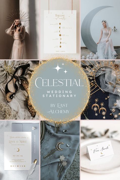 "Among ethereal and celestial forces refined elegance shines the brightest." Under the Moon, Gold Stars and Moon Crescent, Celestial Wedding, Stars and Moon theme. Celestial Beach Wedding, Wedding Celestial Theme, Celestial Engagement Party, Celestial Wedding Color Palette, Blue Celestial Wedding, Celestial Moodboard, Under The Stars Wedding Theme, Moon Theme Wedding, Astronomy Wedding Theme