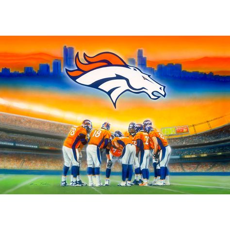 You've got plenty of fun stuff in your Denver Broncos fan cave, but there's still that one special spot on the wall you've been looking to fill with just the right piece. Look no further, this Deacon Jones Foundation Denver Broncos In a Huddle Giclee on canvas was made to hang in your favorite room in the house. The vibrant graphics on this work of art are sure to be the perfect addition to your collection! Broncos Wallpaper, Dallas Cowboys Images, Denver Broncos Logo, Game Room Wall Art, Go Broncos, Broncos Football, Broncos Fans, Sports Art, Denver Broncos