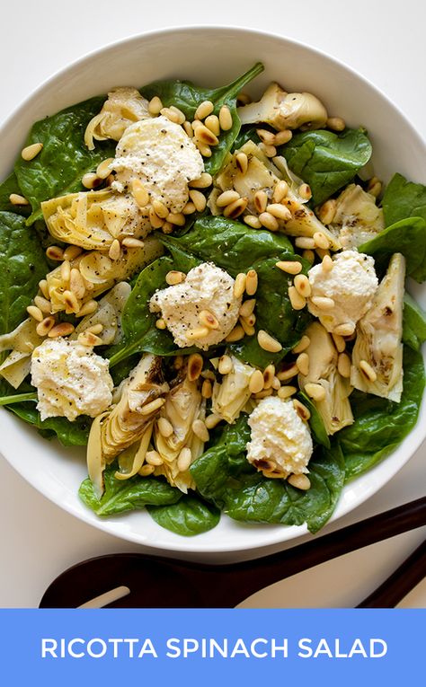 Easy Ricotta and Spinach Salad! Reminiscent of spinach-artichoke dip, but far lighter and fresher in flavor. Only 10 minutes to prepare and available with a Vegan and Paleo ricotta option. Artichoke Spinach Salad, Ricotta Spinach, Ricotta Salad, Ricotta Cheese And Spinach Recipes, Spinach Riccota, Spinach Ricotta Brunch Bake, Ricotta Spinach Pizza, Spinach Goat Cheese Salad, Pine Nuts Salad