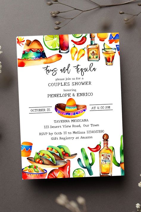 Tacos and tequila couples shower template invitation bright colors watercolor Mexican fiesta themed Mexican Party Invitation, Mexican Invitations, Mexican Themed Weddings, Mexican Fiesta Party, Tacos And Tequila, Template Invitation, Bridal Shower Invitations Templates, Mexican Party, Couple Shower