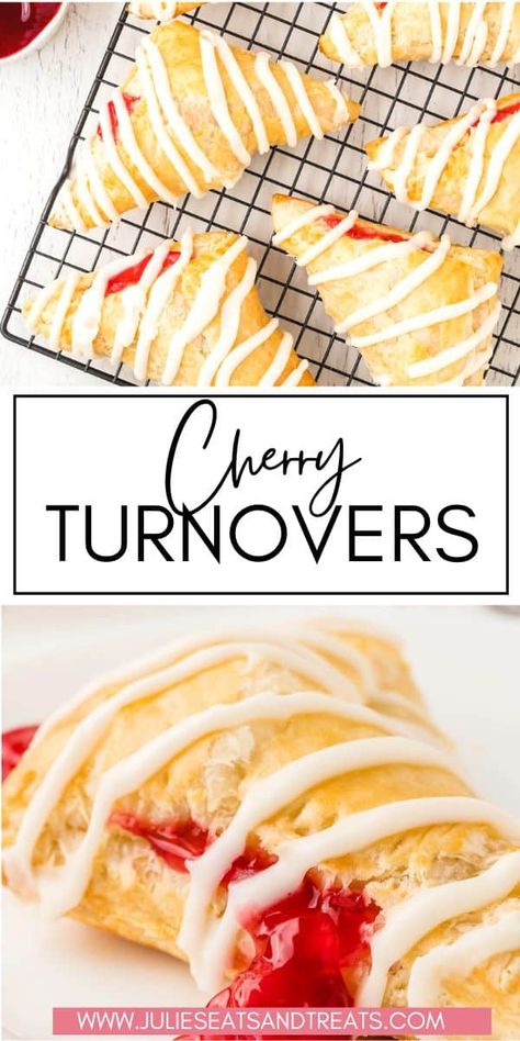 Cherry Turnovers are so easy to make at home! In this semi-homemade recipe we use a flaky puff pastry, stuff it with cherry pie filling and drizzle powdered sugar icing over the top. They are delicious for a decadent breakfast or dessert! Pie Turnovers, Romantic Brunch, Easy Icing Recipe, Cherry Turnovers, Easy Icing, Powdered Sugar Icing, Turnover Recipes, Canning Cherry Pie Filling, Canned Cherries