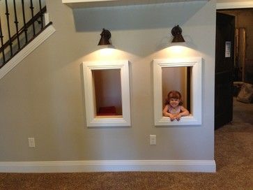 Cute under the stairs play area for the girls. Under Stairs Playroom, Basement Playroom, Modern Basement, Under The Stairs, Small Basements, Playroom Design, Basement Design Ideas, Basement Flooring, Unfinished Basement