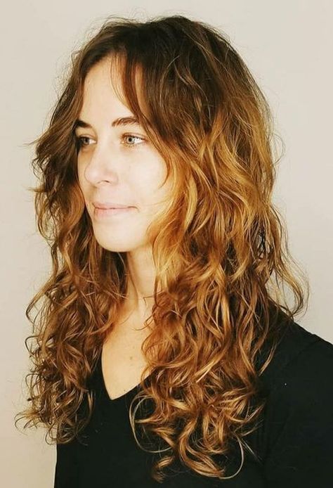 Long Curtain Bangs Wavy Hair Natural Curls, Natural Wavy Curtain Bangs, Layered Wavy Haircuts Natural Curls, Long Wavy Curly Haircut, Curtain Bangs Curly Hair Natural Curls, Long Shag Curly Hair, Long Curtain Bangs Curly Hair, Naturally Curly Curtain Bangs, Layers On Wavy Hair