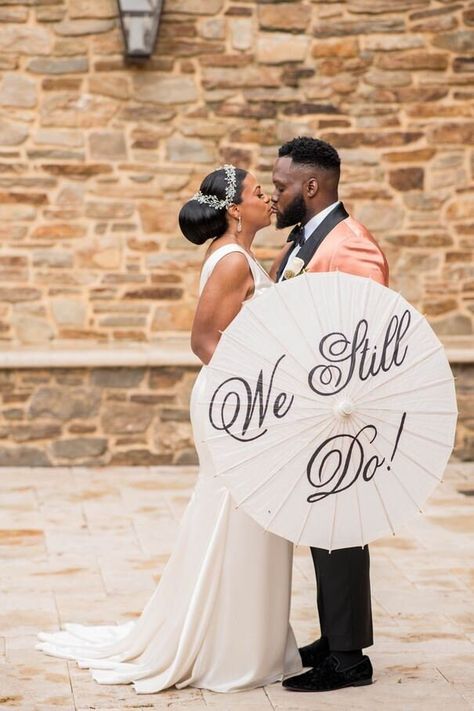 "Our \"We Still Do\" vow renewal anniversary parasol umbrellas are the perfect photography prop to use for your special day! A great addition to your vow renewal ceremony that will create unique wedding pictures. We will work with you to create your personalized parasol, hand painted with \"We Still Do\". Each parasol measures 32\" when fully extended and made from paper with a bamboo handle-parasols are available in natural white. View all of our parasols here: https://www.etsy.com/shop/exclusi Black And White Vow Renewal, We Still Do Photo Shoot, We Still Do, Umbrella Wedding Ceremony, Vow Renewal Wedding Dress, 10 Year Vow Renewal Ceremony, Vowel Renewal Ideas, Backyard Vow Renewal Ideas, Unique Wedding Pictures