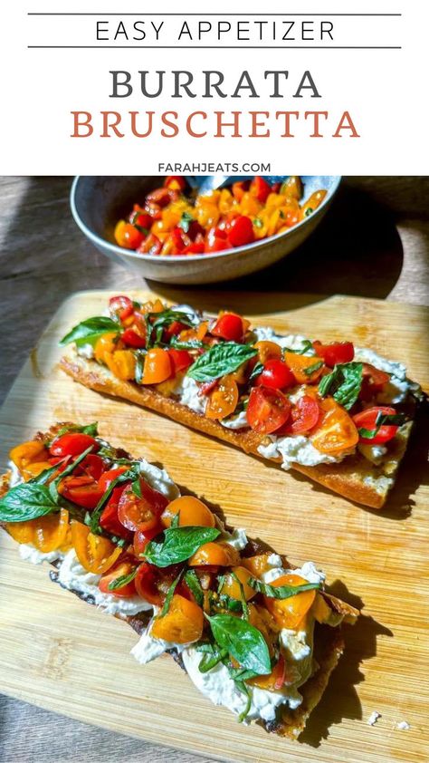 2 baguette slices of burrata bruschetta with tomatoes served on a wooden board. Next to the board is a serving of seasoned tomatoes in a blue bowl. Buratta Appetizer Cold, Brushetta Appetizers, Burrata Appetizer, Burrata Bruschetta, Appetizer For A Crowd, Tomato Appetizers, Italian Antipasto, Summer Eats, Appetizers For A Crowd