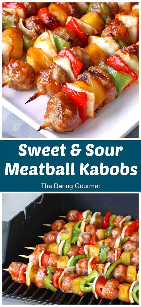 The perfect balance of sweet and tangy, these savory Sweet and Sour Meatball Kabobs pack in a lot of healthy veggies and are as visually pretty as they are delicious! The skewers can be assembled well in advance and then thrown on the grill as soon as you’re ready to eat! Meatball Kabobs, Grilled Meatballs, Veal Meatballs, Healthy Meatballs, Skewer Appetizers, Sweet And Sour Meatballs, Veggie Skewers, Kabob Recipes, Skewer Recipes