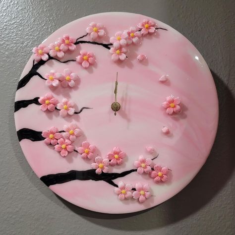 Pink Resin Clock, Resin Inspiration, Pink Run, Resin Clock, Flower Clock, Resin Wall Art, Sakura Flower, Sakura Cherry Blossom, Glass Ideas