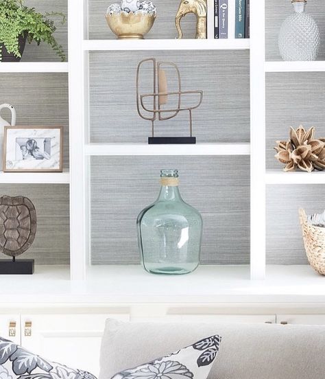 light gray grasscloth? How To Decorate A Bookshelf, Wallpaper Bookcase, Wallpaper Bookshelf, Studio Mcgee Living Room, Family Room Reveal, Driven By Decor, Living Room Built Ins, Decorating Bookshelves, Wallpaper Shelves