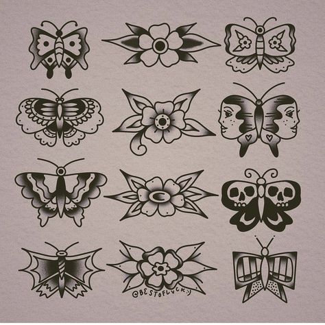 American Traditional Bow Tattoo, Butterfly Tattoo Old School Black, American Traditional Lower Back Tattoo, Matching American Traditional Tattoos, Traditional Style Flower Tattoo, American Traditional Flower Tattoo Black, Traditional Flower Flash, American Traditional Feminine Tattoos, Easy Traditional Tattoo