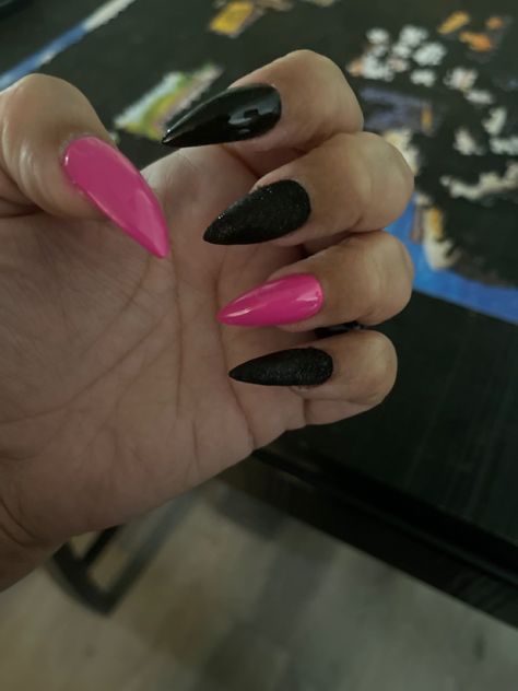 Hot Pink Black Nails, Neon Pink And Black Nails, Hot Pink And Black Nails Acrylics, Black And Hot Pink Nails, Hot Pink And Black Nails, Jan Nails, Pink Black Nails, Stiletto Shaped Nails, Black French Tips