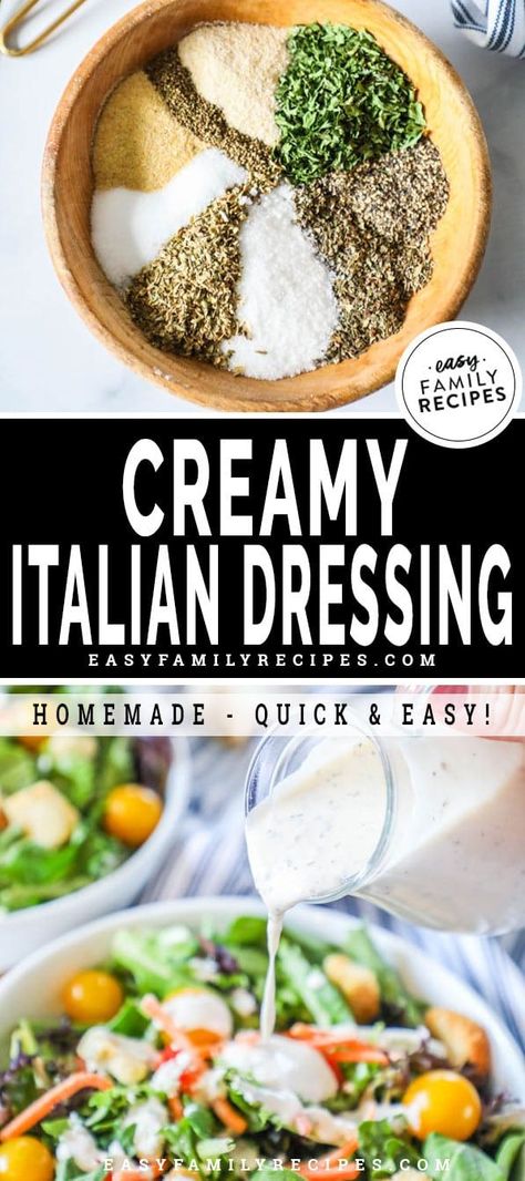 BEST EVER!! This homemade Creamy Italian salad dressing is OFF THE CHARTS on flavor! Made with a special blend of Italian. seasonings, parmesan cheese, and red wine vinegar, something magic happens when they come together, because I could eat salad every day with this salad dressing! Not only is this Italian dressing delicious, but it is so easy to make! You just mix, pour, stir, and you are ready to go! Perfect for topping salads, dipping veggies, drizzling over oven roasted vegetables, or spre Creamy Italian Salad Dressing, Homemade Creamy Italian Dressing, Creamy Italian Dressing, Italian Dressing Recipes, Italian Seasonings, Homemade Italian Dressing, Italian Dressing Mix, Roasted Vegetables Oven, Italian Chopped Salad