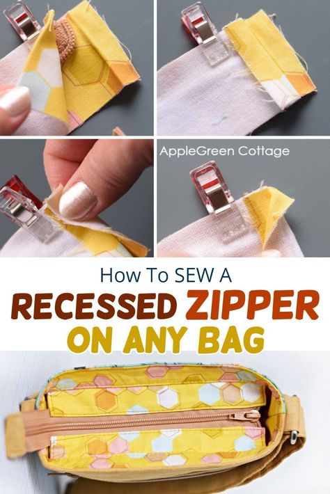 Bag Insert Pattern, Fabric Tote Bags With Zipper, Diy Zipper Bags And Totes, Sewing A Zipper In A Bag, Recessed Zipper Bag Tutorial, Sewing In A Zipper, Zippered Bags To Sew, Recessed Zipper Tote Bag Tutorial, How To Sew A Zipper On A Bag