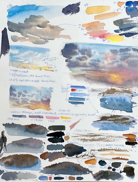 Watercolour Practice Ideas, Watercolor Water Tutorial, Watercolor Practice Exercises, Colorful Watercolor Paintings, Watercolor And Ink Art, Watercolor Step By Step, Art Assignments, Art Tutorials Watercolor, Watercolor Sky