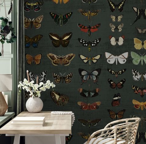 Dark Funky Wallpaper Peel And Stick, Peel Stick Wallpaper Botanical, Green Wallpaper Living Room, Vintage Butterfly Wallpaper, Dark Green Wallpaper, Little Animals, Botanical Wallpaper, Wallpaper Peel And Stick, Wallpaper Living Room