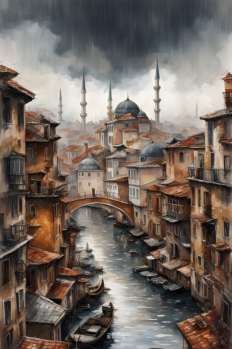 Classic style AI generated fantasy city landscape inspired by a famous old European city Fantasy City Landscape, Fantasy Venice, Dnd Landscape, Fantasy Cityscape, Architecture Graphics, Fantasy City, Dnd Art, Watercolor Paintings Tutorials, City Landscape