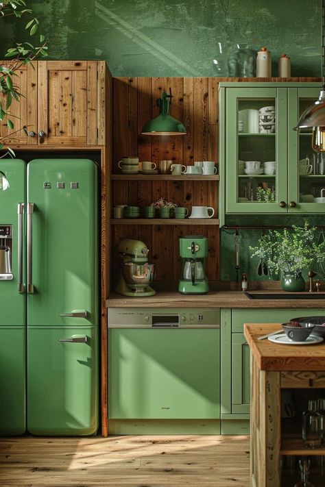 Earthy Kitchen, Kitchen Inspo, Trendy Kitchen, Dream House Interior, Cottage Kitchen, Green Kitchen, Wood Kitchen, Kitchen Designs, Dream House Decor