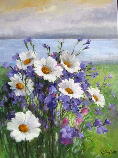 Oil Pastels Painting, Daisy Painting, Flower Painting Canvas, Image Chat, Canvas Painting Landscape, Flower Art Painting, Painting Art Projects, Pastel Painting, Watercolor Artwork